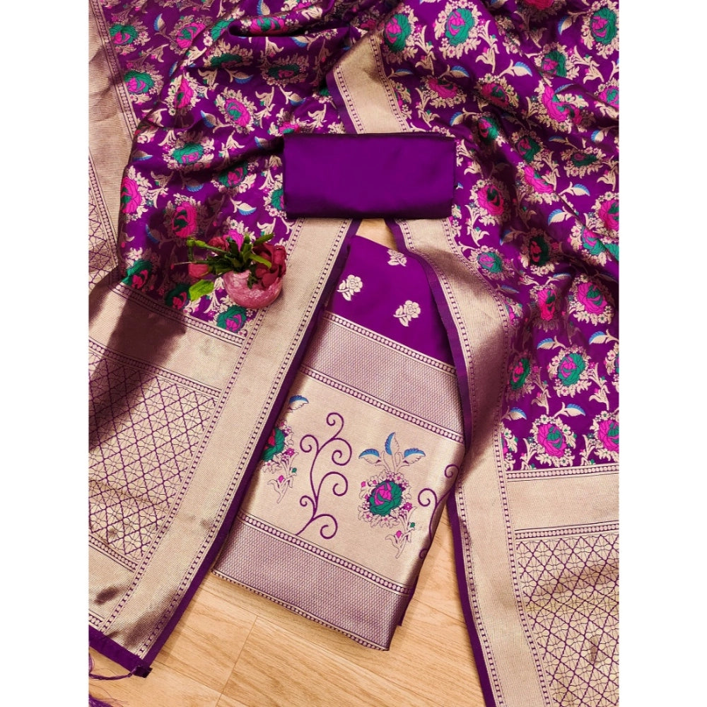 Generic Women's Banarasi Silk Printed Unstitched Salwar Suit Material With Dupatta (Purple, 3Mtrs)