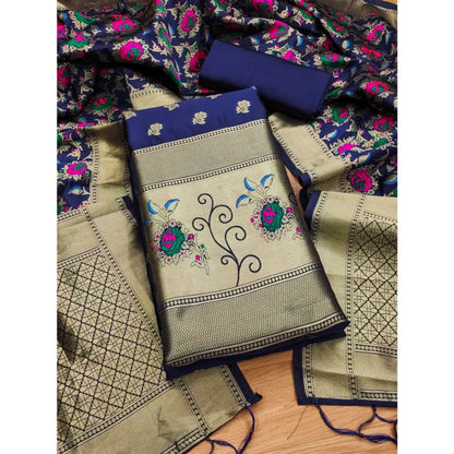 Generic Women's Banarasi Silk Printed Unstitched Salwar Suit Material With Dupatta (Navy Blue, 3Mtrs)