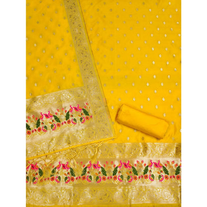 Generic Women's Banarasi Silk Printed Unstitched Salwar Suit Material With Dupatta (Yellow, 3Mtrs)