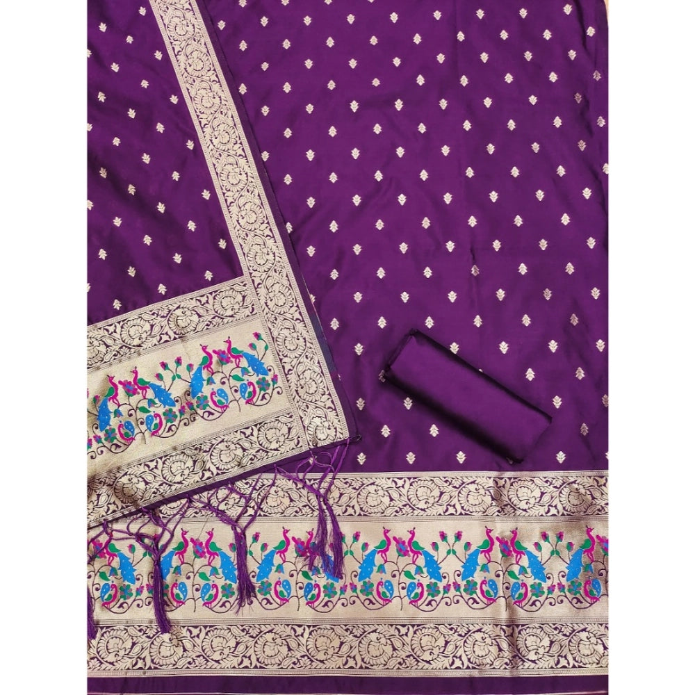 Generic Women's Banarasi Silk Printed Unstitched Salwar Suit Material With Dupatta (Purple, 3Mtrs)