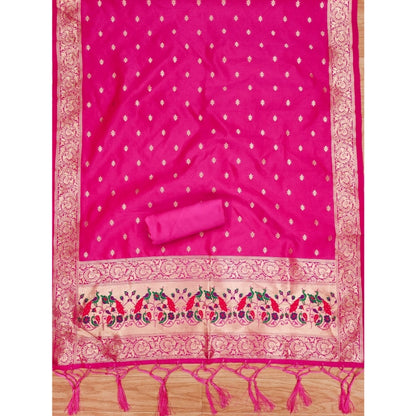 Generic Women's Banarasi Silk Printed Unstitched Salwar Suit Material With Dupatta (Pink, 3Mtrs)
