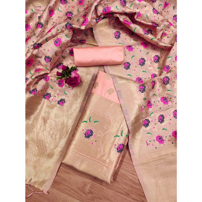 Generic Women's Banarasi Silk Printed Unstitched Salwar Suit Material With Dupatta (Peach, 3Mtrs)