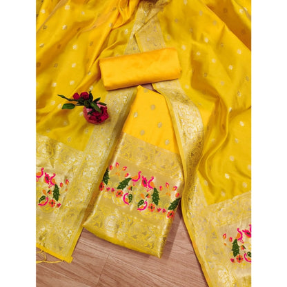 Generic Women's Banarasi Silk Printed Unstitched Salwar Suit Material With Dupatta (Yellow, 3Mtrs)