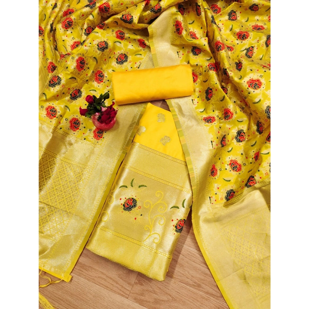 Generic Women's Banarasi Silk Printed Unstitched Salwar Suit Material With Dupatta (Yellow, 3Mtrs)