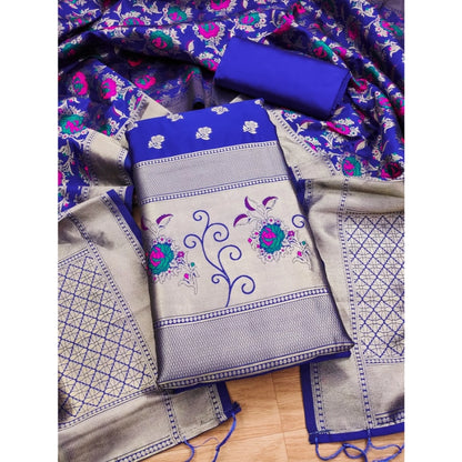 Generic Women's Banarasi Silk Printed Unstitched Salwar Suit Material With Dupatta (Rblue, 3Mtrs)