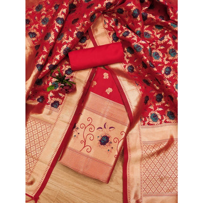 Generic Women's Banarasi Silk Printed Unstitched Salwar Suit Material With Dupatta (Red, 3Mtrs)