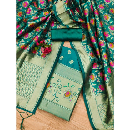 Generic Women's Banarasi Silk Printed Unstitched Salwar Suit Material With Dupatta (Rama, 3Mtrs)