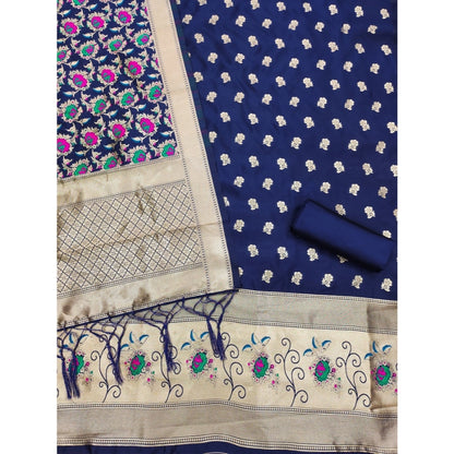 Generic Women's Banarasi Silk Printed Unstitched Salwar Suit Material With Dupatta (Navy Blue, 3Mtrs)