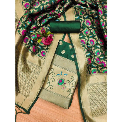 Generic Women's Banarasi Silk Printed Unstitched Salwar Suit Material With Dupatta (Green, 3Mtrs)