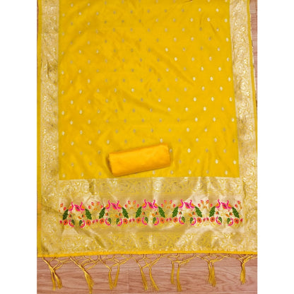 Generic Women's Banarasi Silk Printed Unstitched Salwar Suit Material With Dupatta (Yellow, 3Mtrs)