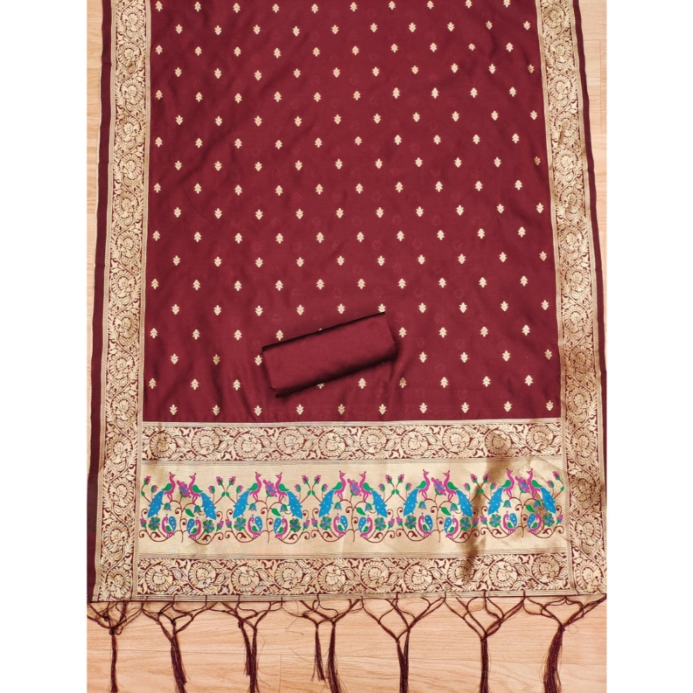 Generic Women's Banarasi Silk Printed Unstitched Salwar Suit Material With Dupatta (Maroon, 3Mtrs)