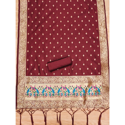 Generic Women's Banarasi Silk Printed Unstitched Salwar Suit Material With Dupatta (Maroon, 3Mtrs)