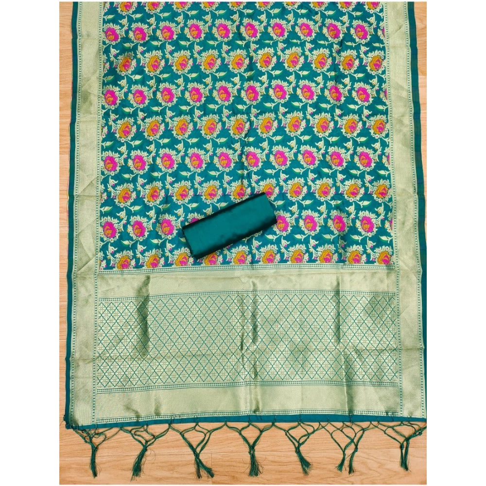 Generic Women's Banarasi Silk Printed Unstitched Salwar Suit Material With Dupatta (Rama, 3Mtrs)