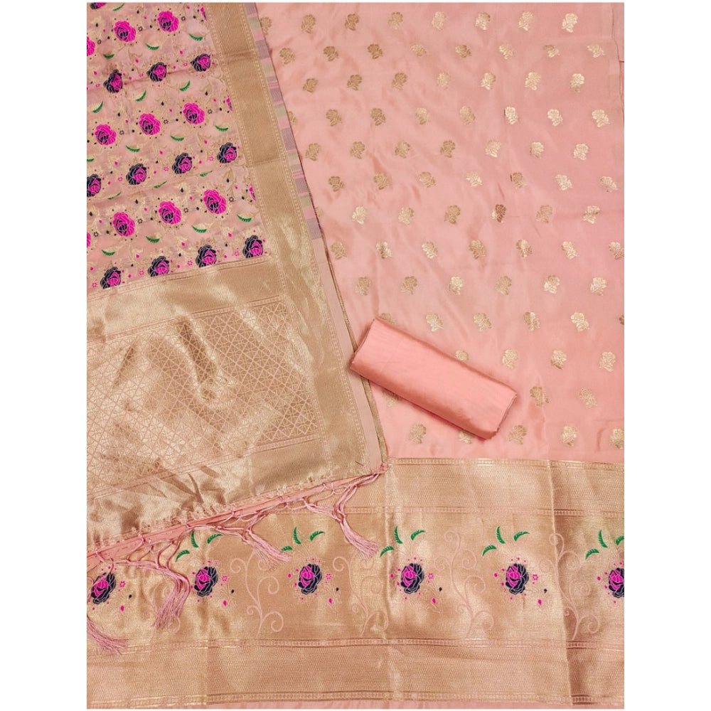 Generic Women's Banarasi Silk Printed Unstitched Salwar Suit Material With Dupatta (Peach, 3Mtrs)