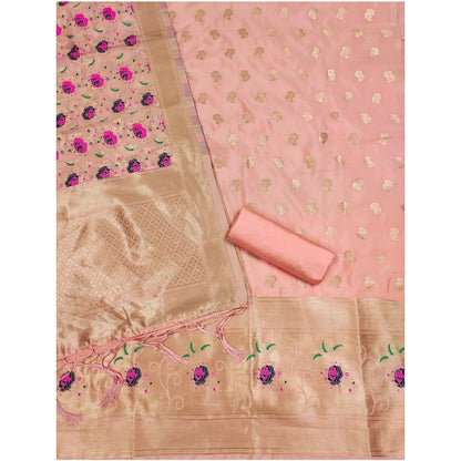 Generic Women's Banarasi Silk Printed Unstitched Salwar Suit Material With Dupatta (Peach, 3Mtrs)
