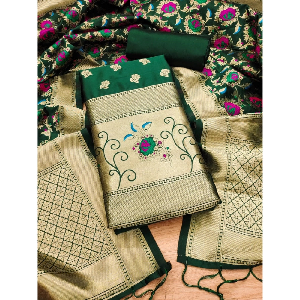 Generic Women's Banarasi Silk Printed Unstitched Salwar Suit Material With Dupatta (Green, 3Mtrs)