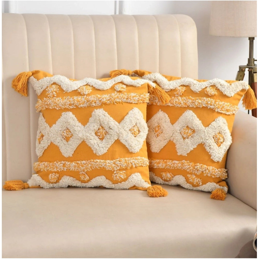 Generic Cotton Tufted Cushion Pillow Cover 16x16 Inch Pack of 2 (Yellow White)