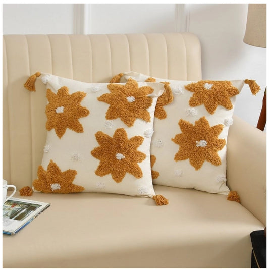 Generic Cotton Flower Tufted Cushion Pillow Cover 16x16 Inch Pack of 2 (Yellow)