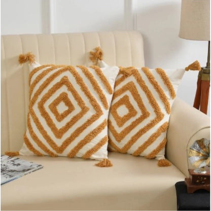 Generic Cotton Diamond Tufted Cushion Pillow Cover 16x16 Inch Pack of 2 (Yellow)