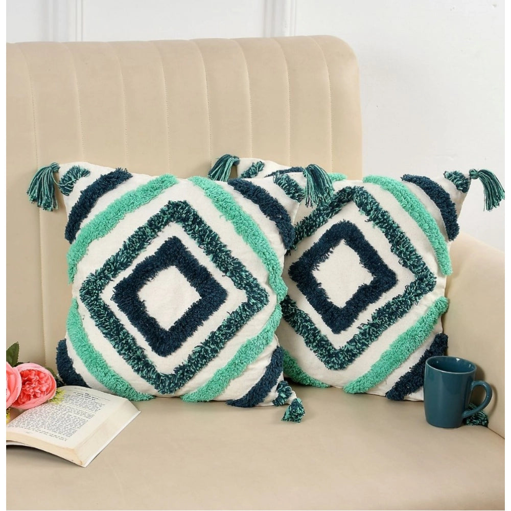 Generic Cotton Tufted Cushion Pillow Cover 16x16 Inch Pack of 2 (Green)