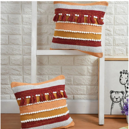 Generic Cotton Handcrafted Pit Loom Cushion Cover 16x16 Inch Pack of 2 (Orange)