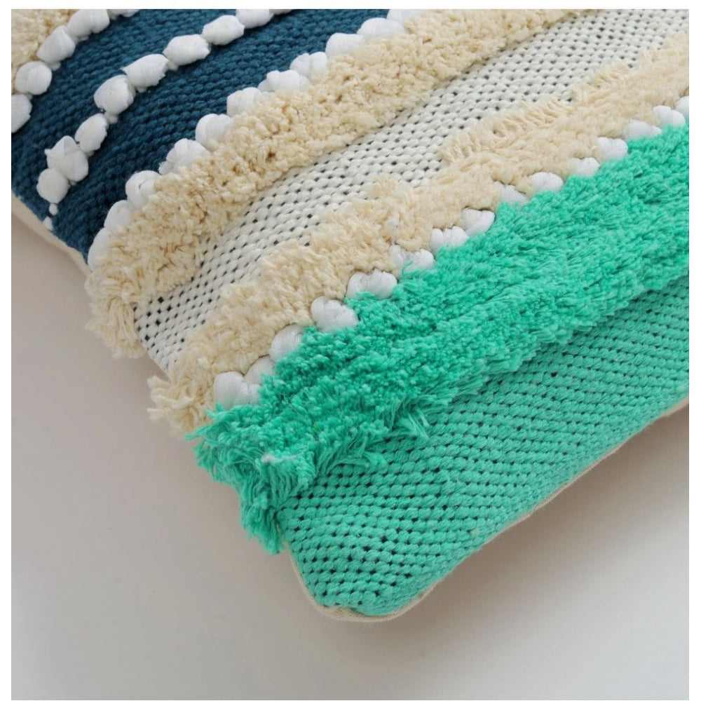 Generic Cotton Striped Handcrafted Pit Loom Cushion Cover 16x16 Inch Pack of 2 (Green Cream)