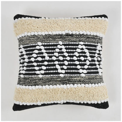 Generic Cotton Diamond Handcrafted Pit Loom Cushion Cover 16x16 Inch Pack of 2 (Black Cream)