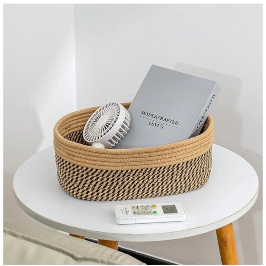 Generic Cotton Oval Storage Rope Woven Baskets Pack of 1 (Beige Black)