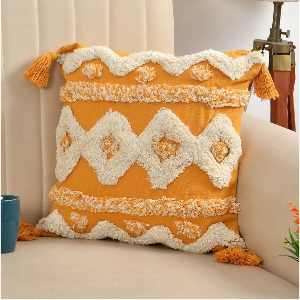 Generic Cotton Tufted Cushion Pillow Cover 16x16 Inch Pack of 2 (Yellow White)