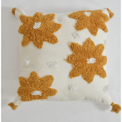 Generic Cotton Flower Tufted Cushion Pillow Cover 16x16 Inch Pack of 2 (Yellow)