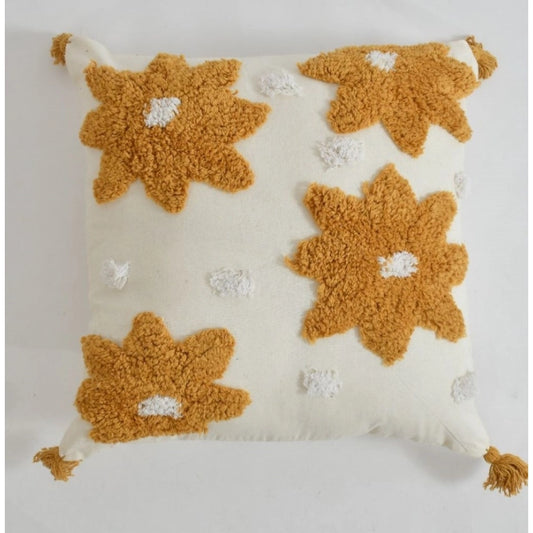 Generic Cotton Flower Tufted Cushion Pillow Cover 16x16 Inch Pack of 2 (Yellow)