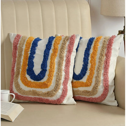 Generic Cotton Tufted Cushion Pillow Cover 16x16 Inch Pack of 2 (Ranibow)
