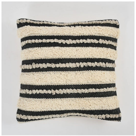 Generic Cotton Striped Handcrafted Pit Loom Cushion Cover 16x16 Inch Pack of 2 (Black Cream)