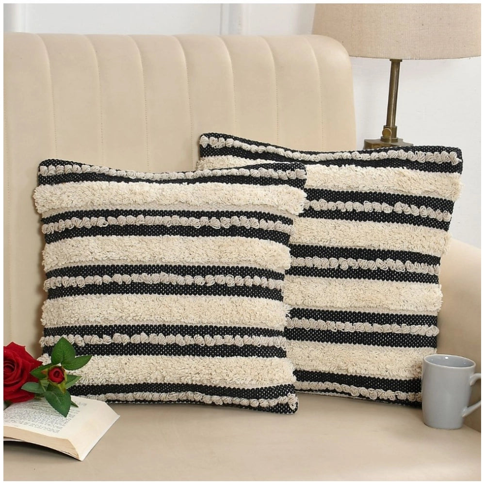 Generic Cotton Diamond Handcrafted Pit Loom Cushion Cover 16x16 Inch Pack of 2 (Black Cream)