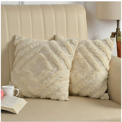Generic Cotton Tufted Cushion Pillow Cover 16x16 Inch Pack of 2 (Off White)