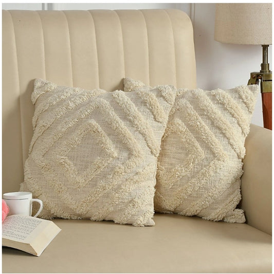 Generic Cotton Tufted Cushion Pillow Cover 16x16 Inch Pack of 2 (Off White)