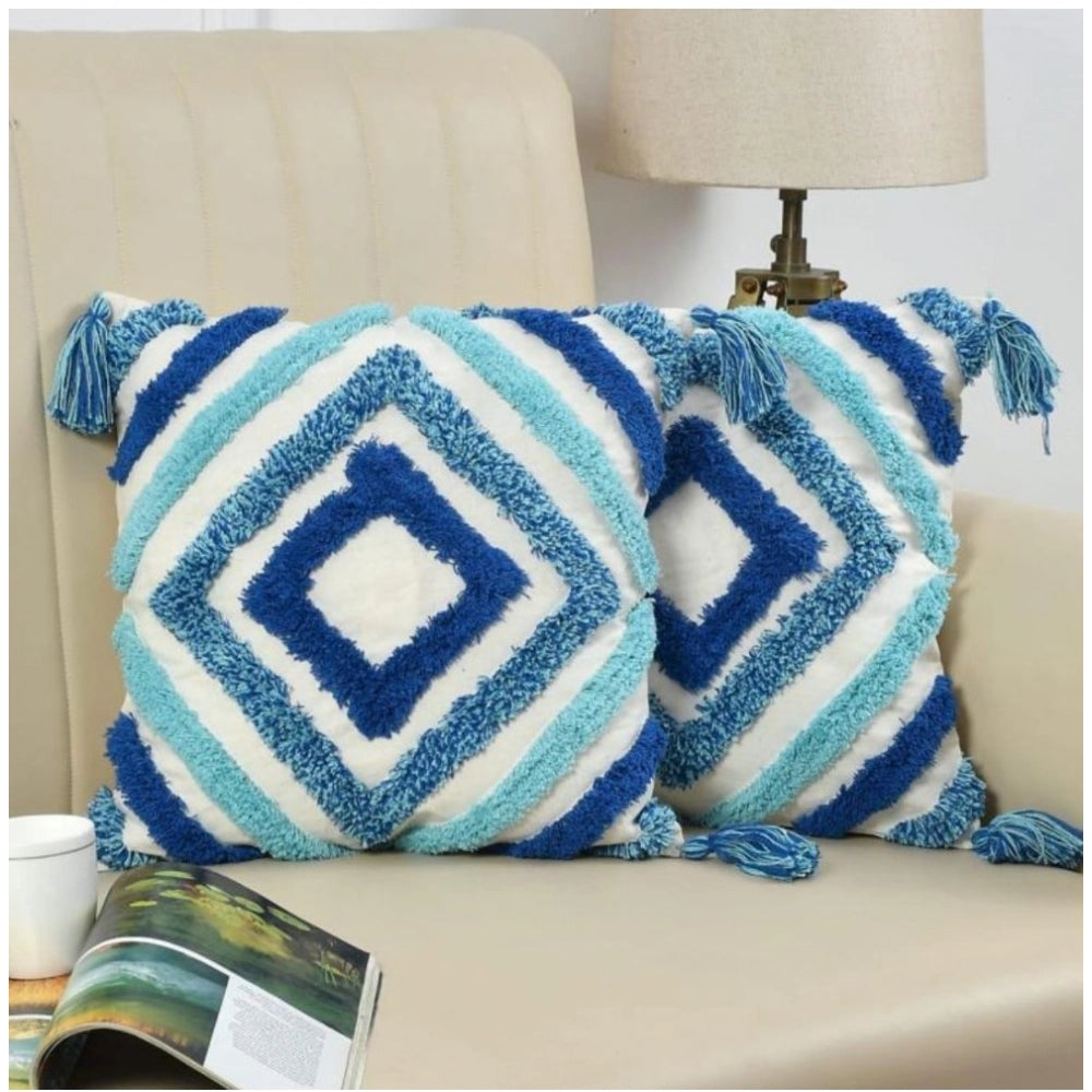 Generic Cotton Tufted Cushion Pillow Cover 16x16 Inch Pack of 2 (Blue)