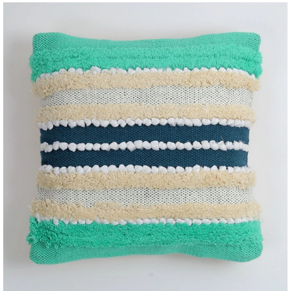 Generic Cotton Striped Handcrafted Pit Loom Cushion Cover 16x16 Inch Pack of 2 (Green Cream)