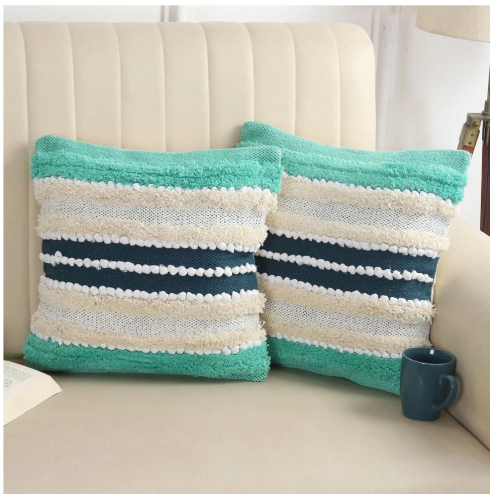 Generic Cotton Striped Handcrafted Pit Loom Cushion Cover 16x16 Inch Pack of 2 (Green Cream)