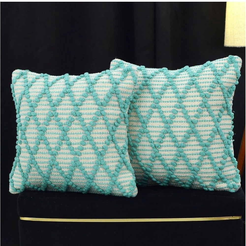 Generic Cotton Handcrafted Pit Loom Cushion Cover 16x16 Inch Pack of 2 (Sea Green)