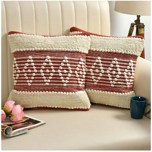Generic Cotton Handcrafted Pit Loom Cushion Cover 16x16 Inch Pack of 2 (Red Cream)