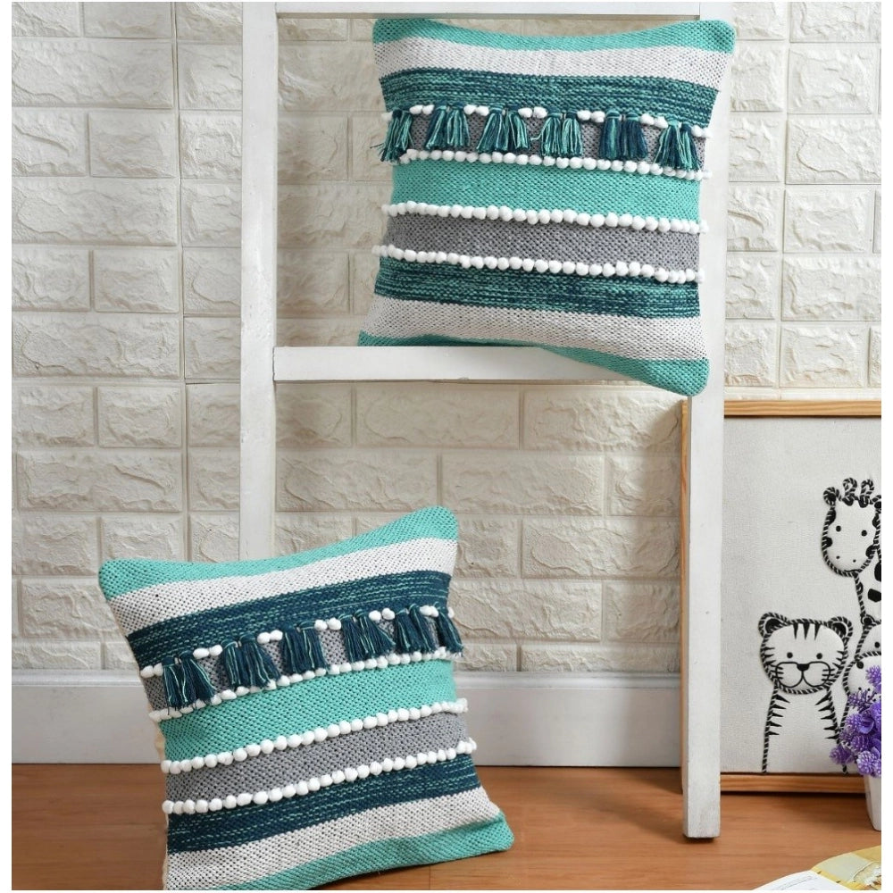 Generic Cotton Handcrafted Pit Loom Cushion Cover 16x16 Inch Pack of 2 (Green)
