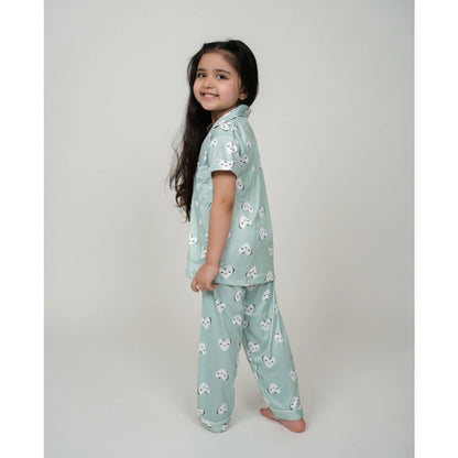 Generic Girl's Silk Bleand Printed Short Sleeve Night Suit Set (Light Green)