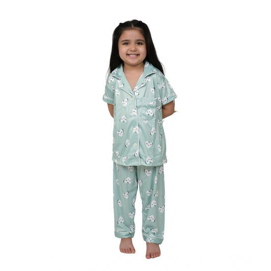 Generic Girl's Silk Bleand Printed Short Sleeve Night Suit Set (Light Green)