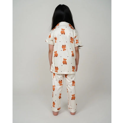 Generic Girl's Silk Bleand Printed Short Sleeve Night Suit Set (White)