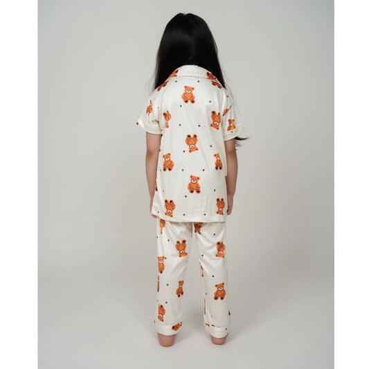 Generic Girl's Silk Bleand Printed Short Sleeve Night Suit Set (White)