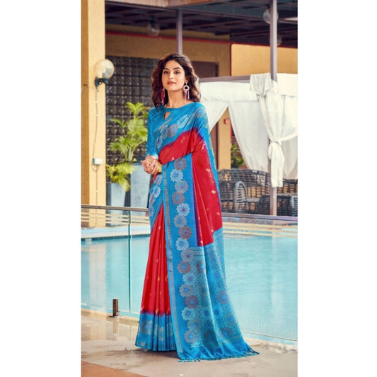 Generic Women's Cotton Blend Printed Saree With Unstitched Blouse (Red, 5-5 Mtrs)