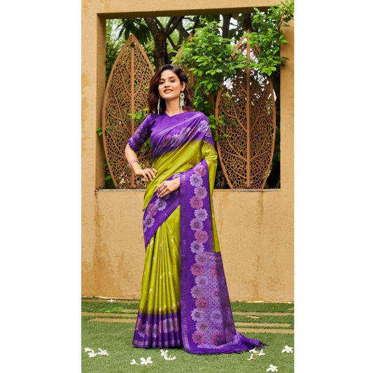 Generic Women's Cotton Blend Printed Saree With Unstitched Blouse (Dark Green, 5-5 Mtrs)