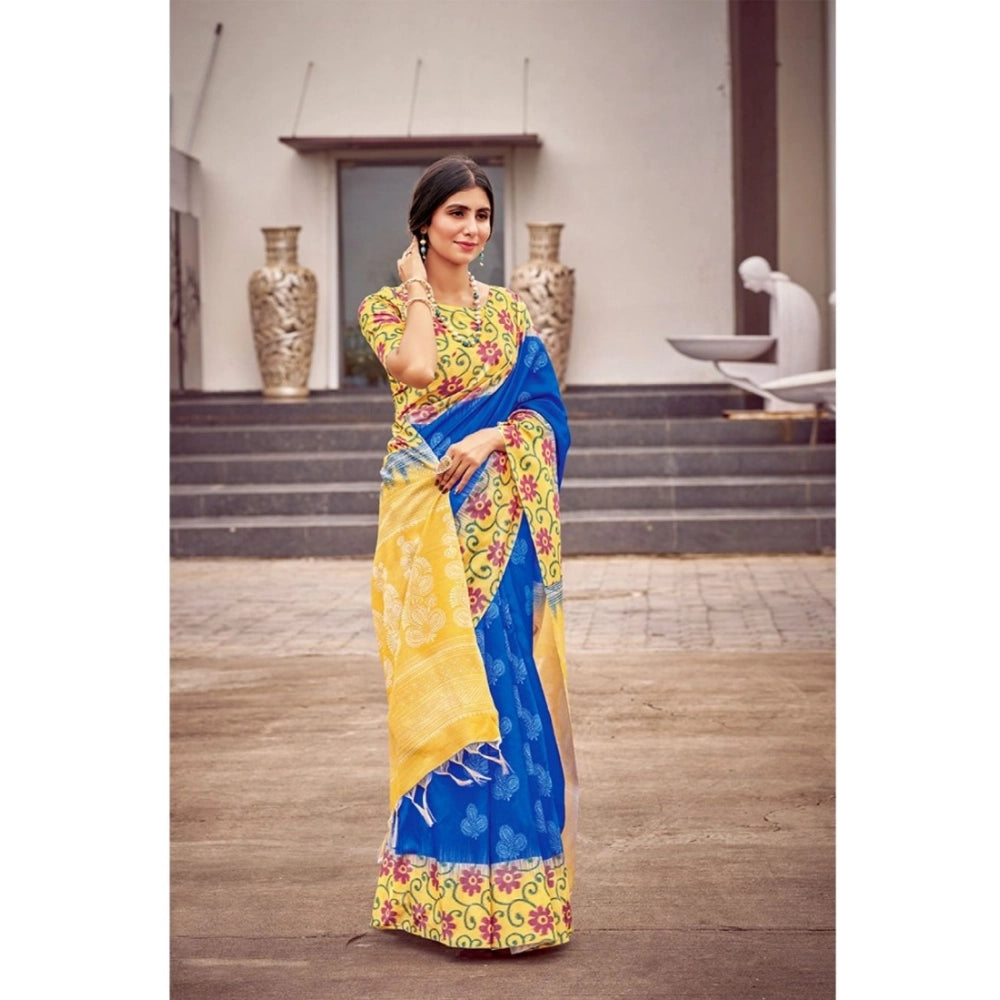 Generic Women's Cotton Blend Printed Saree With Unstitched Blouse (Blue, 5-5 Mtrs)