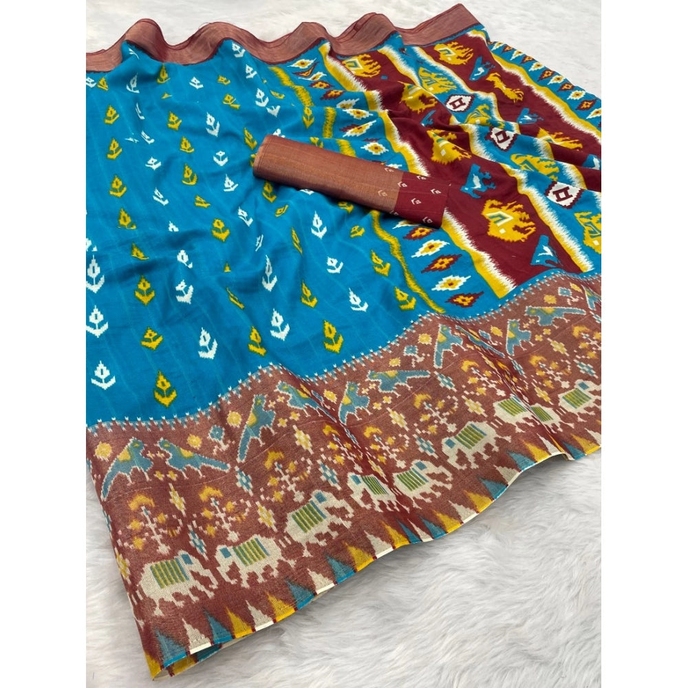 Generic Women's Silk Blend Printed Saree With Unstitched Blouse (Light Blue, 5-5 Mtrs)